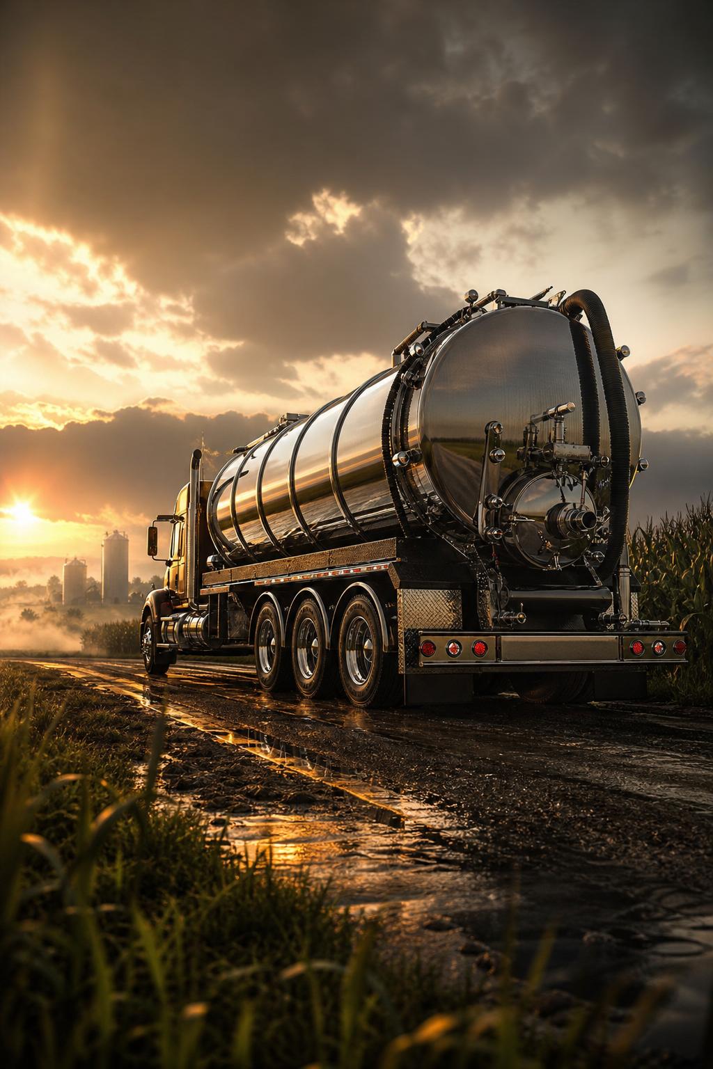 Cinematic stainless steel vacuum tanker on Iowa farm road at golden hour — Harter Custom Pumping flagship